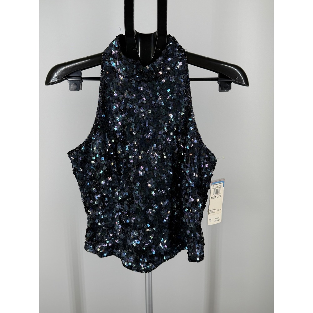 Papell Boutique Evening Silk Sequin Halter Top‎ Mock Neck Iridescent Black Small